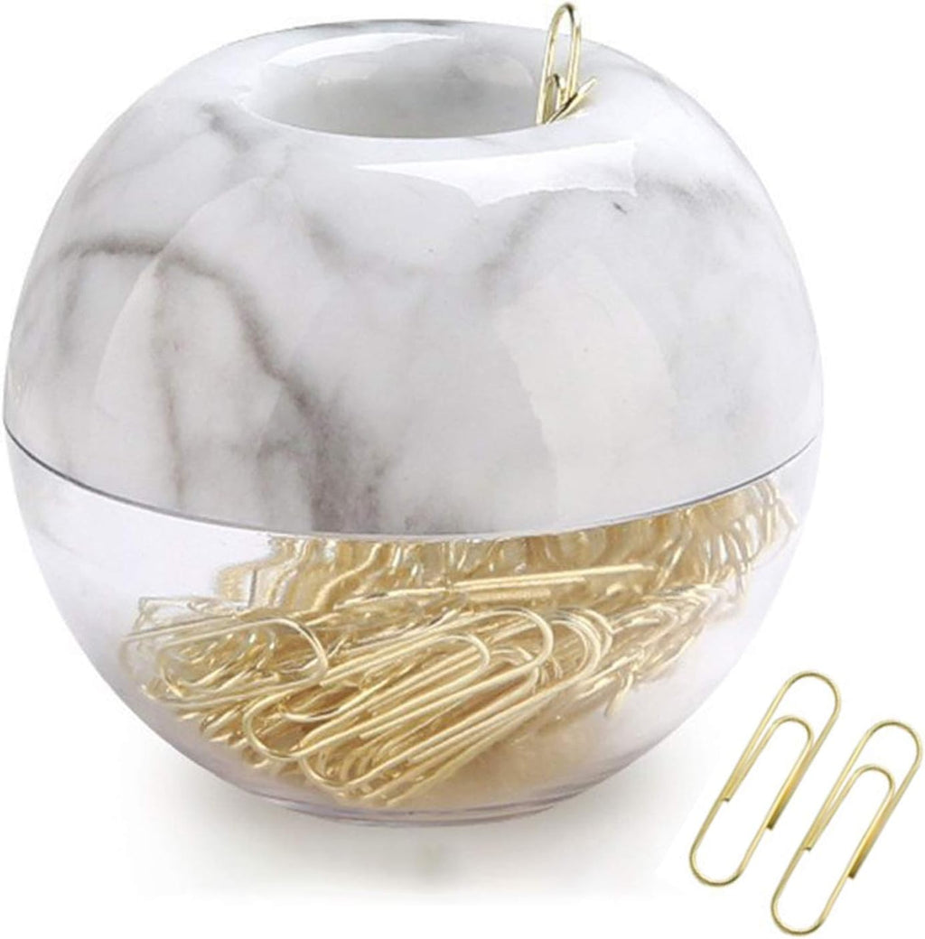Magnetic Paper Clip Holder, Marble White holder with Gold PaperClips 100pcs 28mm(1.1") Cute Office Supplies for Desk Organizer
