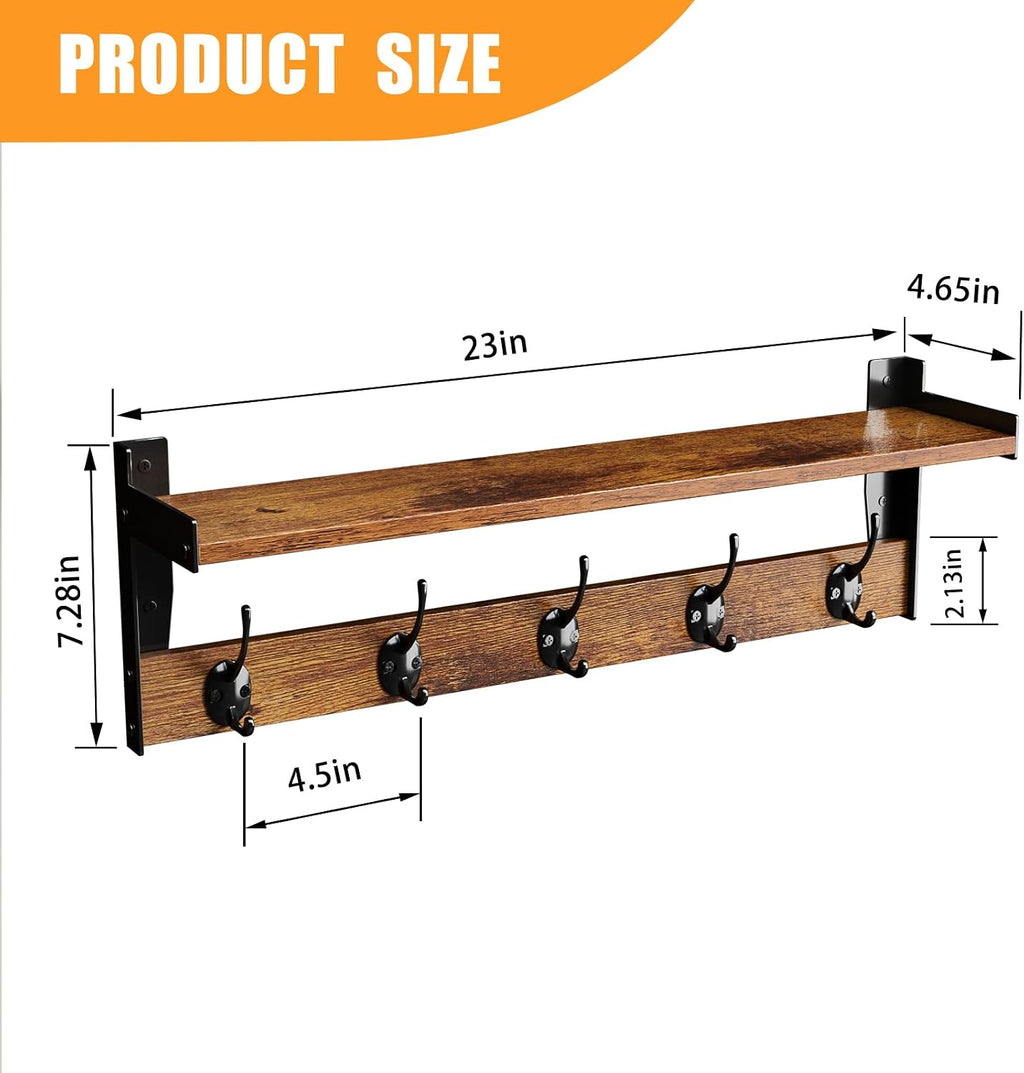 Coat Rack with Wall Mount, 23 Inch Long Entryway Wall Shelf with Hooks, Wood Hanger with Storage Shelf for Bathroom, Hallway, Rustic Brown