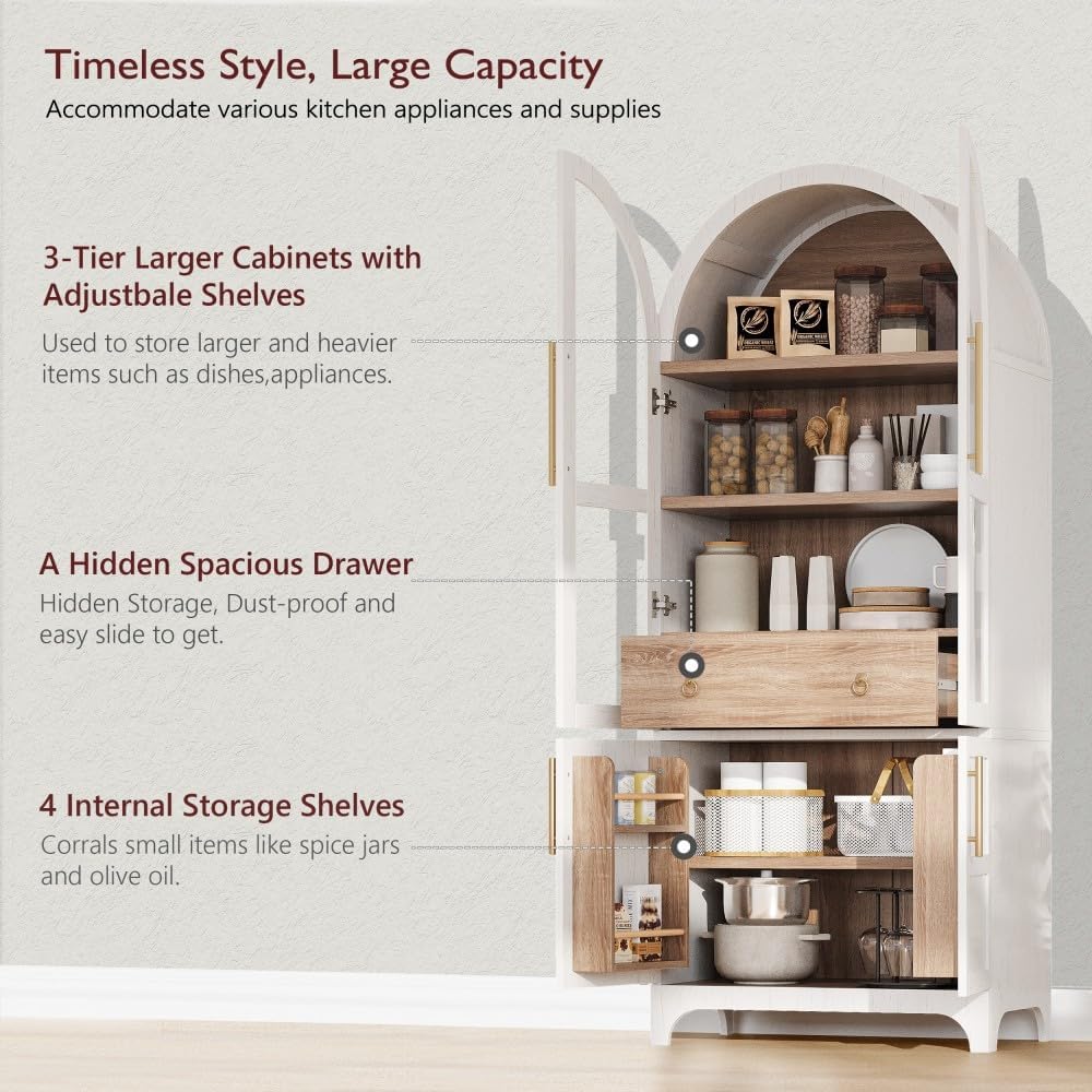 71 Inch Farmhouse Kitchen Pantry Storage Cabinet with Doors, Open Shelf, Hidden Drawer, Adjustable Shelves, Glass Door, Cupboard for Dining Room (Retro White Arched Pantry Cabinet+ MDF)