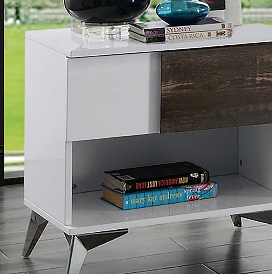 End Table White and Oak Open Shelf Drawer Steel Legs Two Tone High Gloss Wooden Panel Coffee Table Not Include