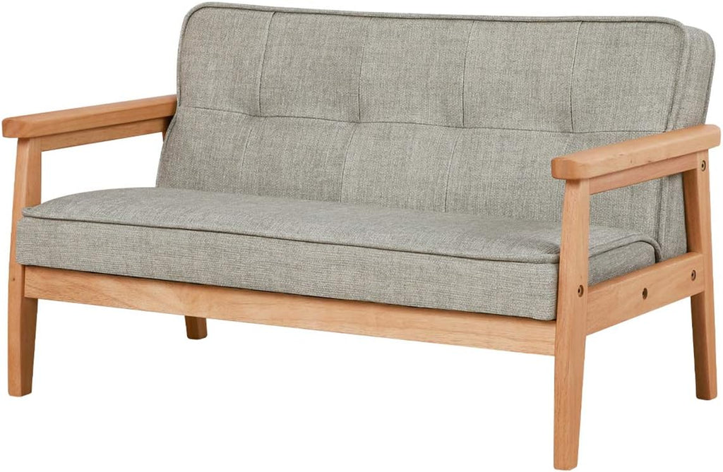 Double Seater Kid Sofa Chair, Kid Couch with Solid Wood Arm and Linen Pattern PVC for Kids Rest (Light Grey)
