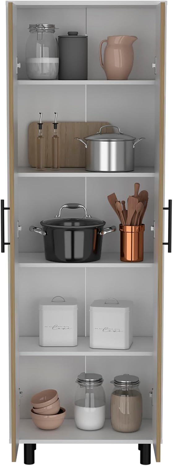 23.6" D*11.8" W*70.9" H White Corner Kitchen Pantry, 5 Adjustable Shelves & Metal Handles, Natural Wood Double Door, Freestanding Storage Cabinet, Modern, for Living Room, Dining Room