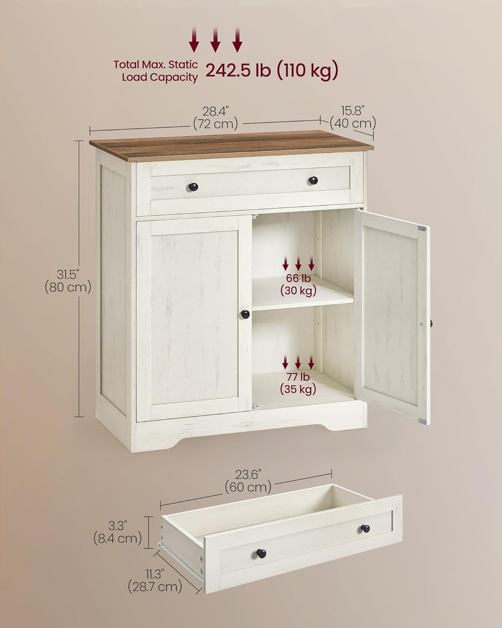 VASAGLE Siren Collection - Buffet Cabinet, Farmhouse Coffee Bar Cabinet with Drawer,Adjustable Shelf, Double Doors, Sideboard, 15.8 x 28.4 x 31.5 Inches, Rustic White and Honey Brown ULSC521WJ01S