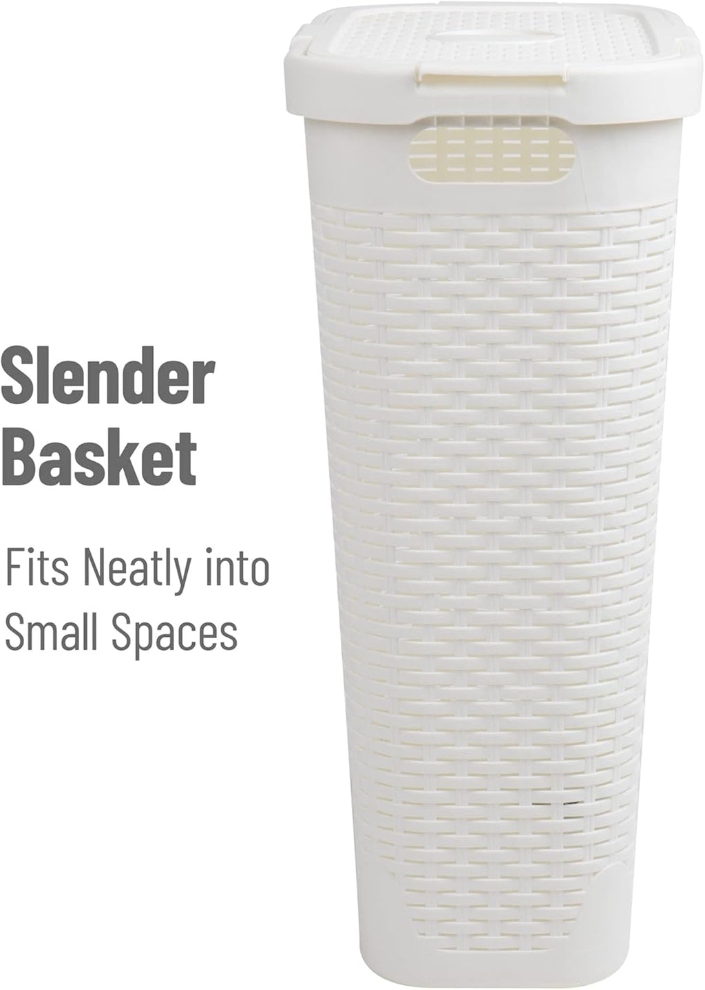 Mind Reader Slim Laundry Hamper with Lid, 40L Clothes Basket, Narrow Tapered Design with Ventilated Cutout Pattern, Plastic, White