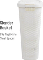 Mind Reader Slim Laundry Hamper with Lid, 40L Clothes Basket, Narrow Tapered Design with Ventilated Cutout Pattern, Plastic, White
