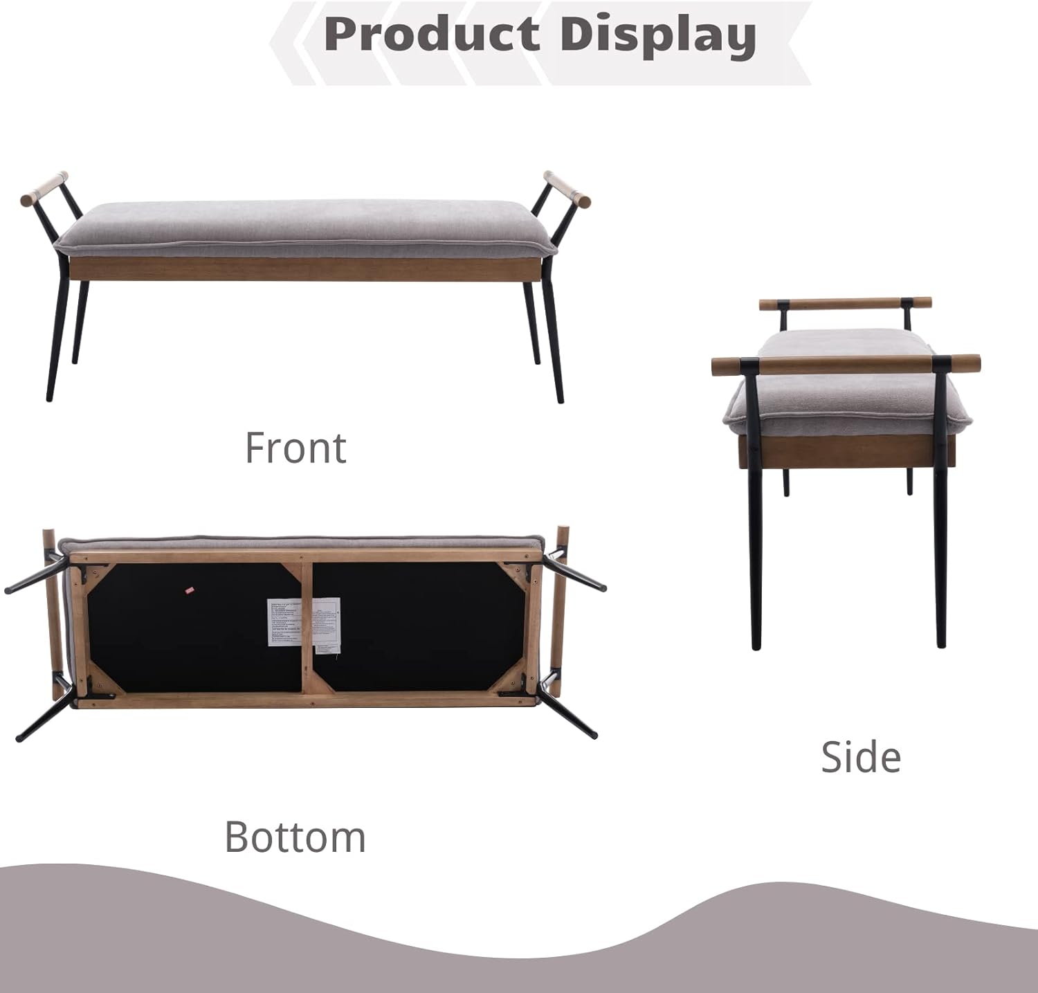 HEAH-YO Modern Dining Bench, 51 Inches Entryway Bench with Armrests, Upholstered Chenille Fabric End of Bench for Bedroom, Grey