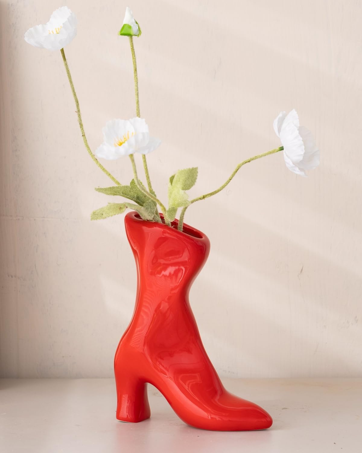 Ceramic Boot Vase for Modern Home Decor,7.9" High Heel Bootie Flower Vase,Quirky Funky Aesthetic Room Decor,Trendy Coffee Table Centerpiece for Women(Red)
