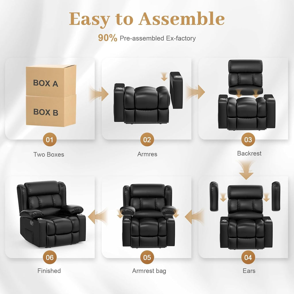Recliner Chair for Adults, Oversized PU Leather Loveseat Recliner Manual Pull Tab Reclining Chair with Cup Holders, Minimalist Style Single Sofa for Living Room, RV (Black)