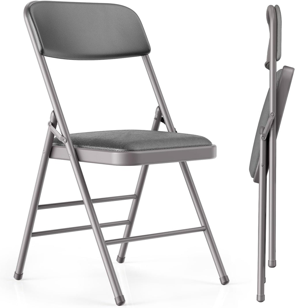 VTOY Commercial Grade Folding Chair with Padded Fabric Cushion（16"X16" |Double-hinged Legs Luxury Style|4.5kg Capacity Max Weight 150Kg for Home and Office,Indoor and Outdoor Events (2, PU-Gray)
