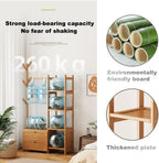 Wooden Coat Stand - Portable Freestanding Garment Rack with Hooks, Storage Shelves & Shoe Bench for Bedroom, Hallway, Entryway - Stylish Open Wardrobe Solution