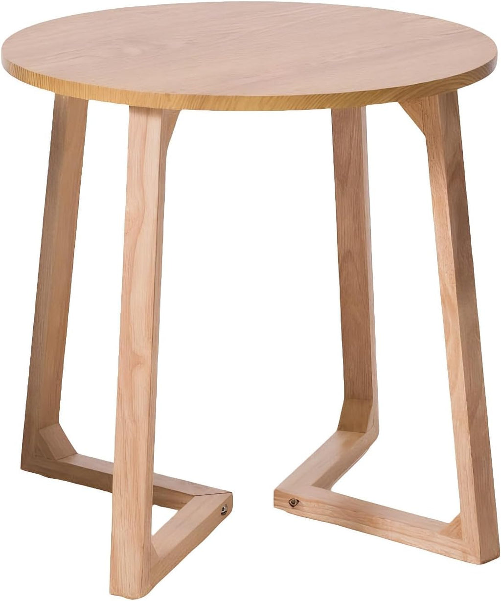 24" Round Side Table - Mid-Century Modern End Table with V-Shaped Legs, Solid Rubber Wood Top, Small Coffee Table for Living Room, Nightstand for Bedroom, Natural Finish