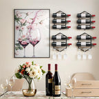 Wall Mounted Wine Rack, 2-Pack Black Metal, 4-Bottle Holder with 6-Glass Hanger Display Shelf, Space-Saving Storage Kitchen Bar Dining Room