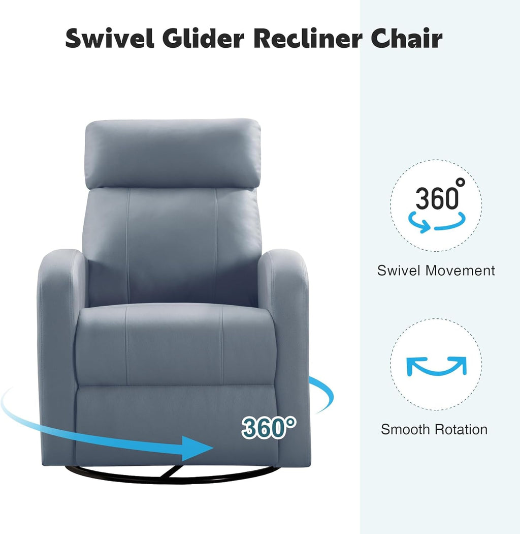 Swivel Rocker Recliner Chair, Manual Faux Leather Recliner, Glider Rocking Recliners 360°Swivel Nursery Reclining Chairs with Adjustable Headrest Highback for Living Room, Blue