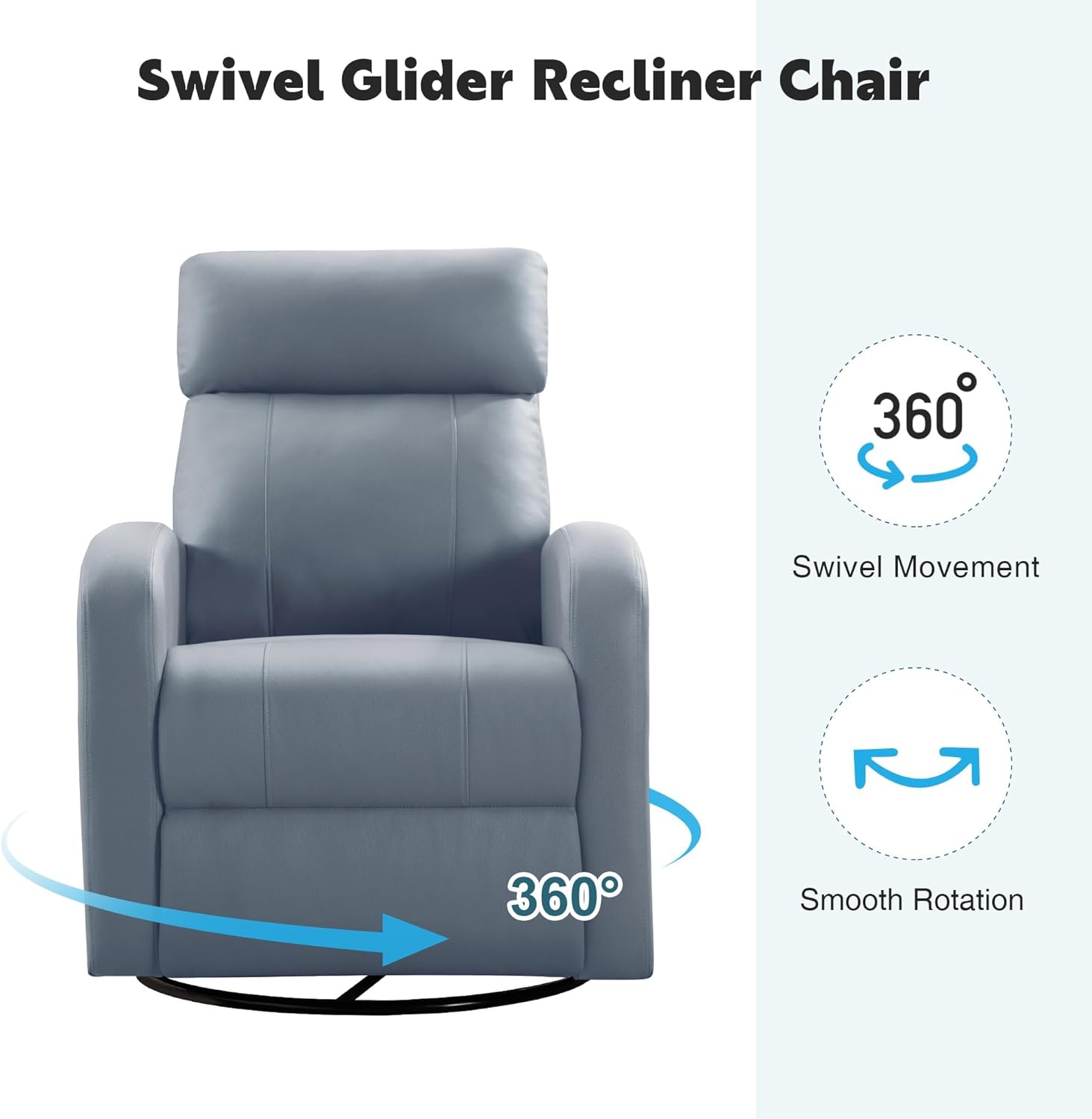 Swivel Rocker Recliner Chair, Manual Faux Leather Recliner, Glider Rocking Recliners 360°Swivel Nursery Reclining Chairs with Adjustable Headrest Highback for Living Room, Blue