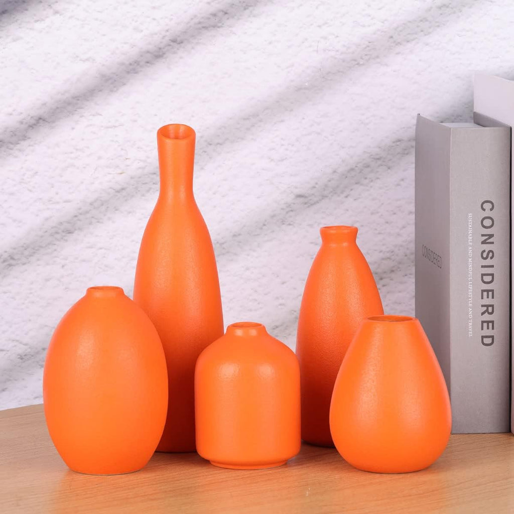 Orange Ceramic Small Vase Set of 5 - Modern Orange Decor Small Bud Vases for Floral Arrangements, Centerpieces for Weddings, Dinner Parties, Table Settings, Foyer, Bathroom Decorations
