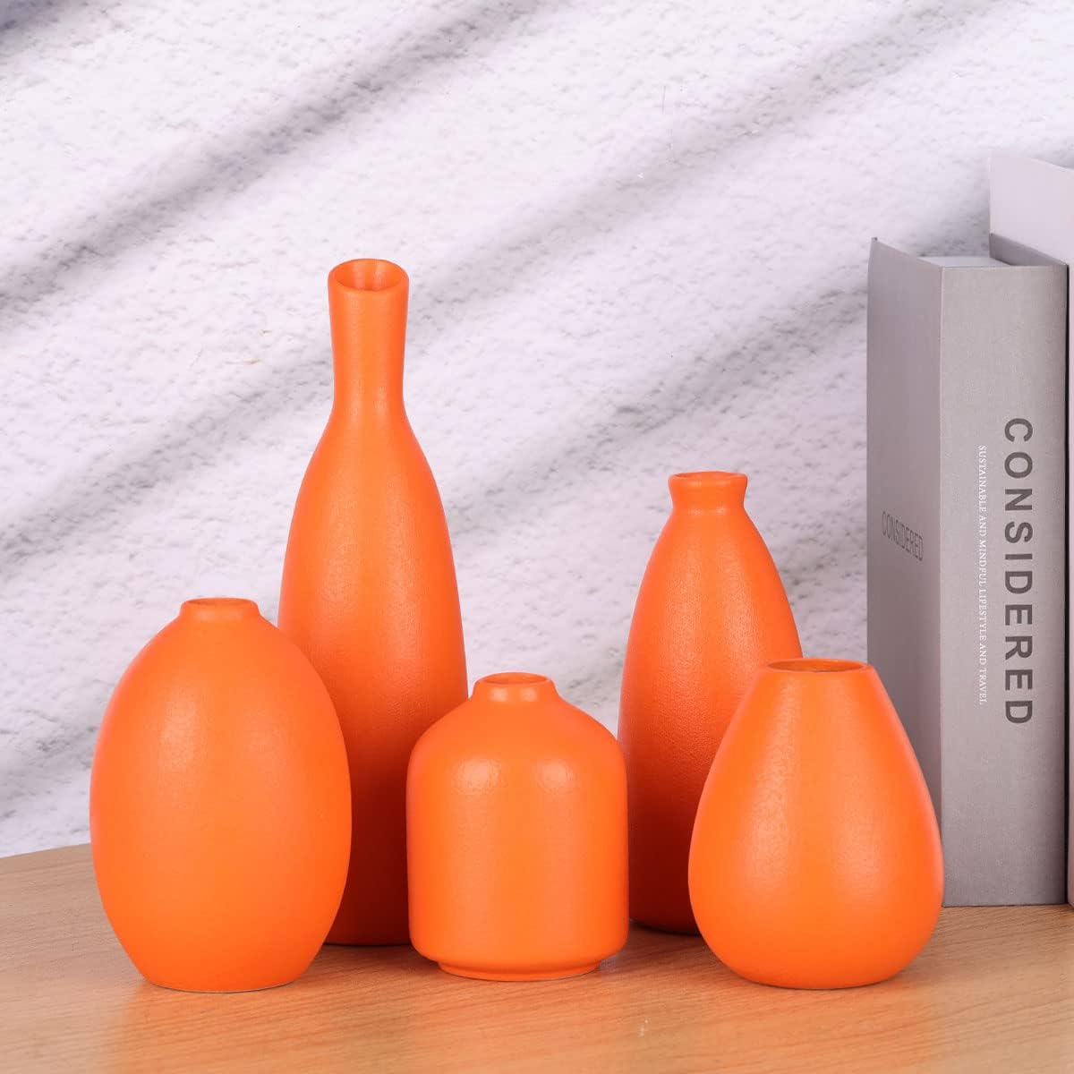 Orange Ceramic Small Vase Set of 5 - Modern Orange Decor Small Bud Vases for Floral Arrangements, Centerpieces for Weddings, Dinner Parties, Table Settings, Foyer, Bathroom Decorations