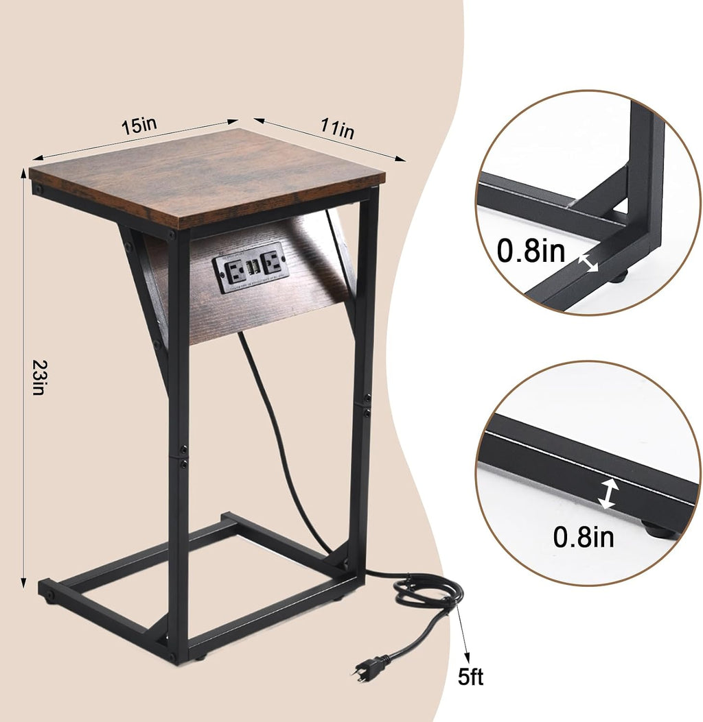 C-Shaped Side Table & End Table, Built-in Power Station (2 AC Outlets, 2 USB Ports) - Slide-in Design Sofa/Bedroom TV Tray, 15"x11"x23" Wood Top & Black Metal Frame