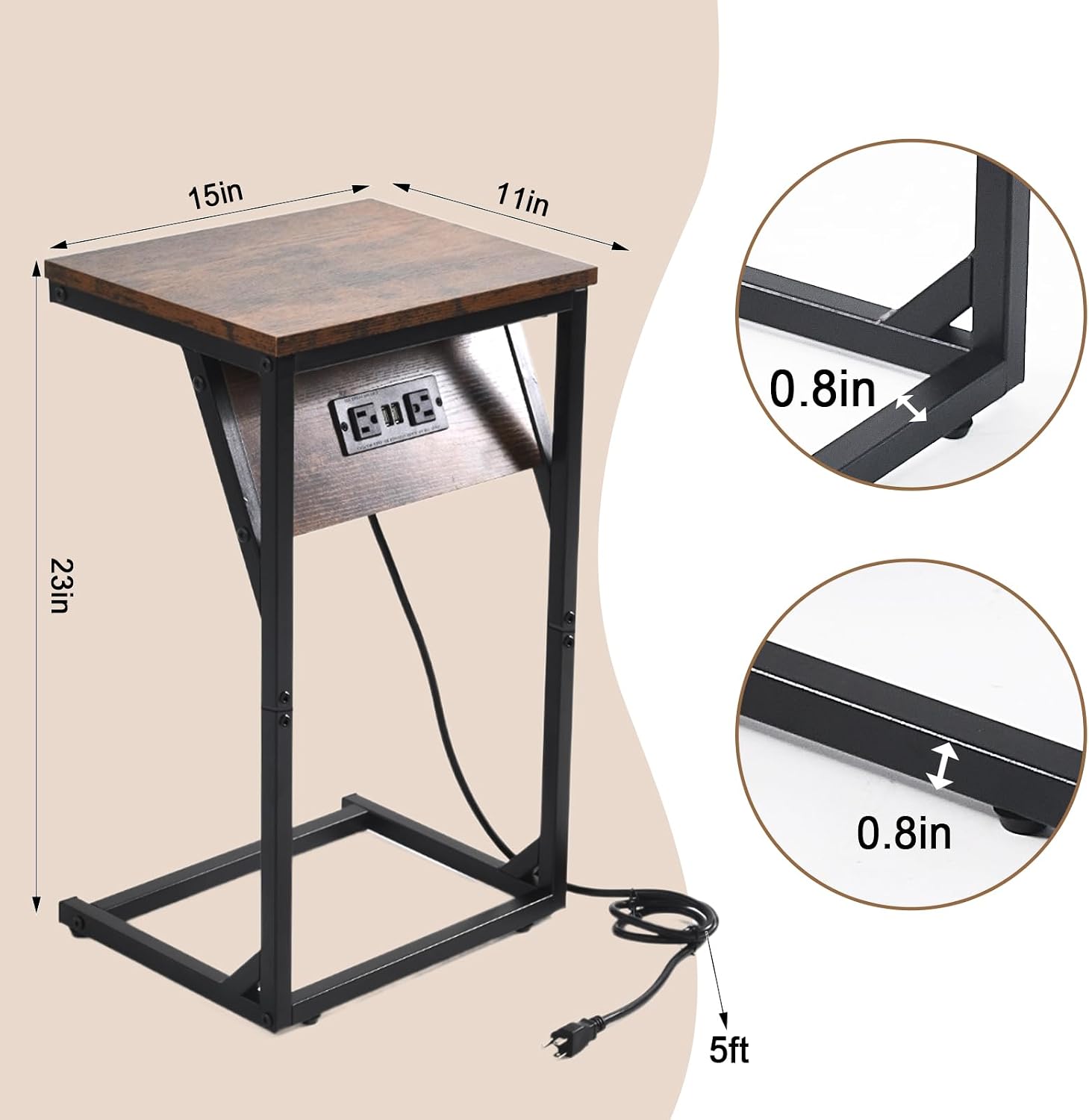 C-Shaped Side Table & End Table, Built-in Power Station (2 AC Outlets, 2 USB Ports) - Slide-in Design Sofa/Bedroom TV Tray, 15"x11"x23" Wood Top & Black Metal Frame