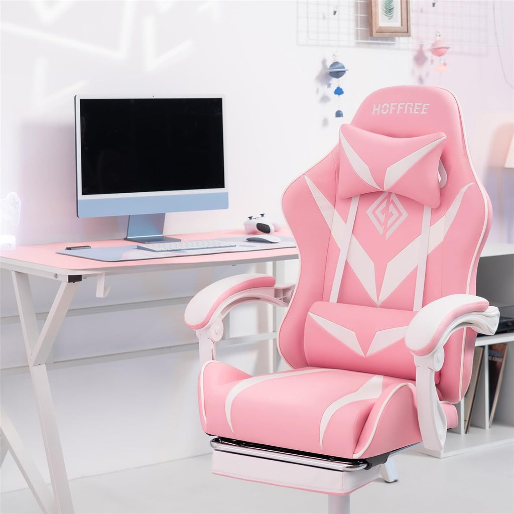 Gaming Chair with Massage Ergonomic Computer Chair with Footrest and Lumbar Support Reclining PC Game Chair for Boys with Adjustable Armrest and Headrest Pink
