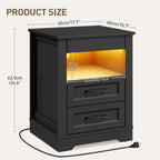 RALGEND Farmhouse Nightstand with Gun Drawer, Bedside Table with Charging Station and LED Light, Night Stand with 3 Drawers, End Table for Bedroom, Living Room, Black