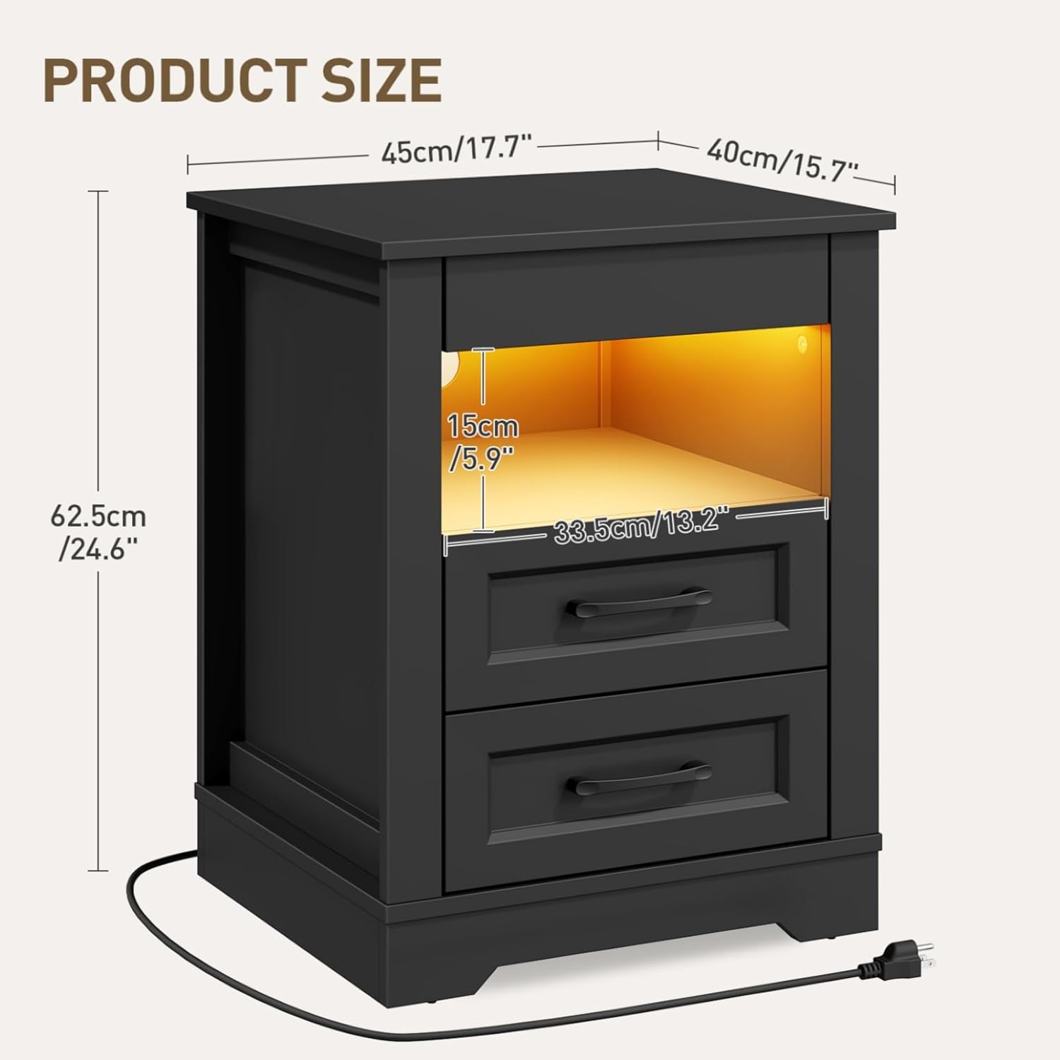RALGEND Farmhouse Nightstand with Gun Drawer, Bedside Table with Charging Station and LED Light, Night Stand with 3 Drawers, End Table for Bedroom, Living Room, Black