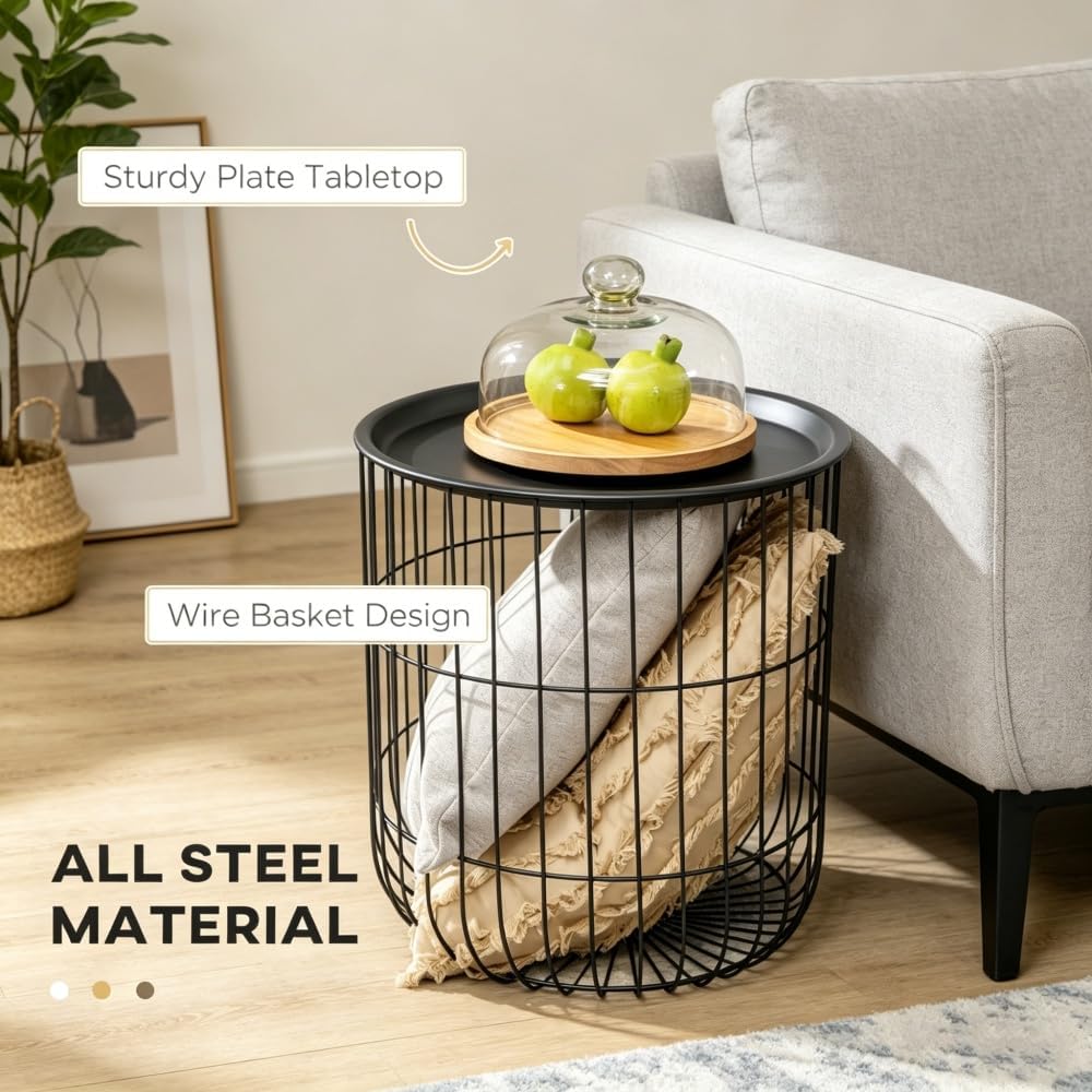 Metal Wire Basket Side Tables, Black, Set of 2, Nesting Design with Storage, Powder-Coated Steel, No Assembly Required