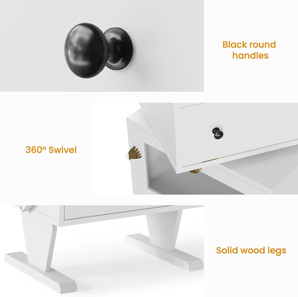 May in Color End Table with LED Light Strips, Creative End Table with Storage, Wood Night Stand Cabinet, Modern Bedside Table with 360° Rotating Drawer for Living Room, Bedroom, Nursery, White