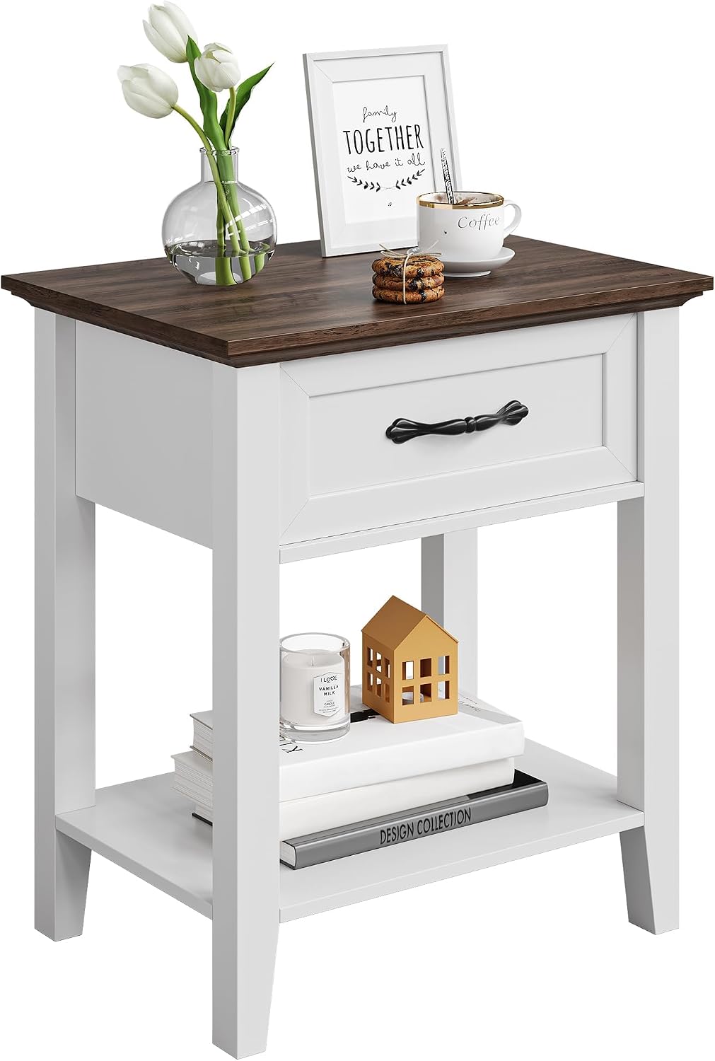 Side Table, Wood Coffee Table with Drawer Square Nightstand with Open Storage Shelf Narrow End Table 23.4'' Tall Sofa Table for Living Room, Bedroom, Office, White