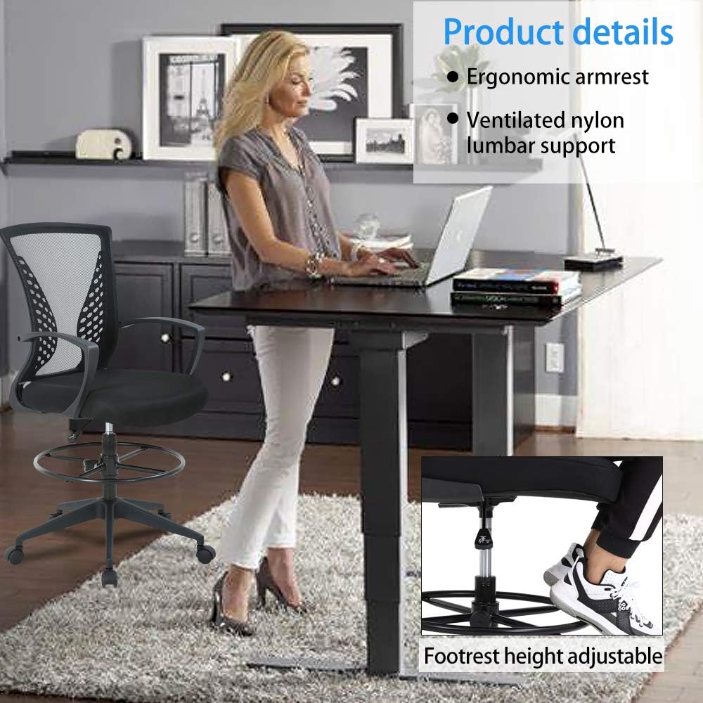 Drafting Chair Tall Office Chair Ergonomic Desk Chair Massage Mid Back Mesh Computer Executive Chair with Lumbar Support & Foot Ring Height Adjustable Rolling Swivel Drafting Stool for Standing Desk