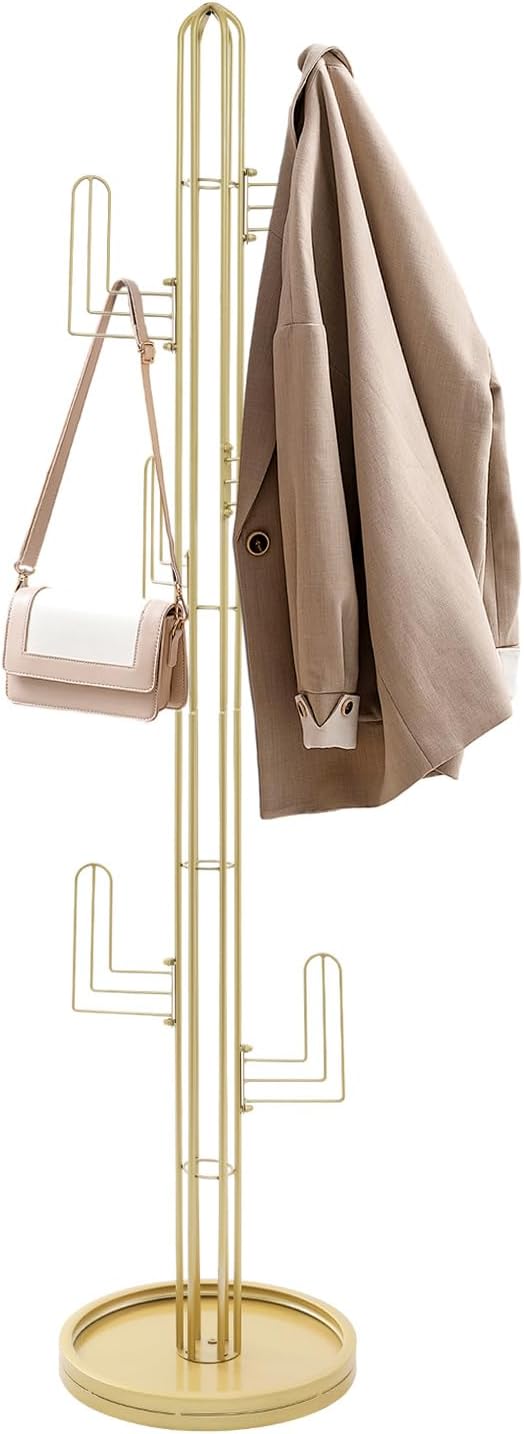 Cactus Shape Clothing Stand, Freestanding Coat Rack With 6 Hooks, 22 lbs Capacity Modern Metal Coat Racks with Round Base for Entry Hallway Bedroom Hats Bags Umbrellas (Gold)