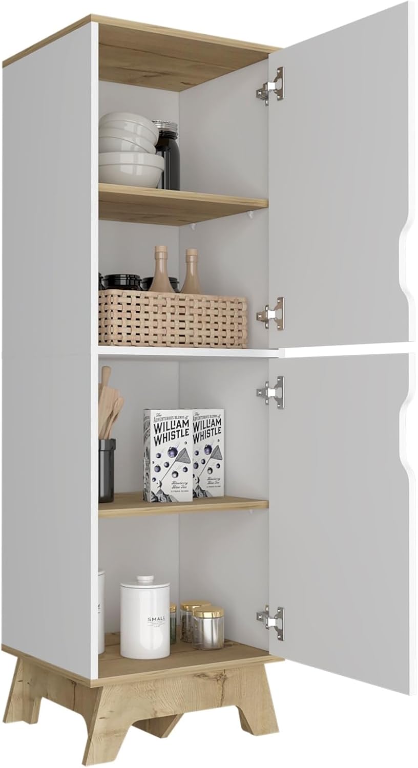 White Kitchen Pantry, Pantry with Four Storage Shelves & Double Doors Cabinets, Static Wooden Base, Easy to Assemble, for Kitchen Storage, 17.7" W×15.7" D×59.3" H