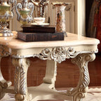 Luxury Carved Solid Wood End Table with Marble Top, European Style Antique Side Table, Ornate Sofa Corner Table for Living Room Bedroom