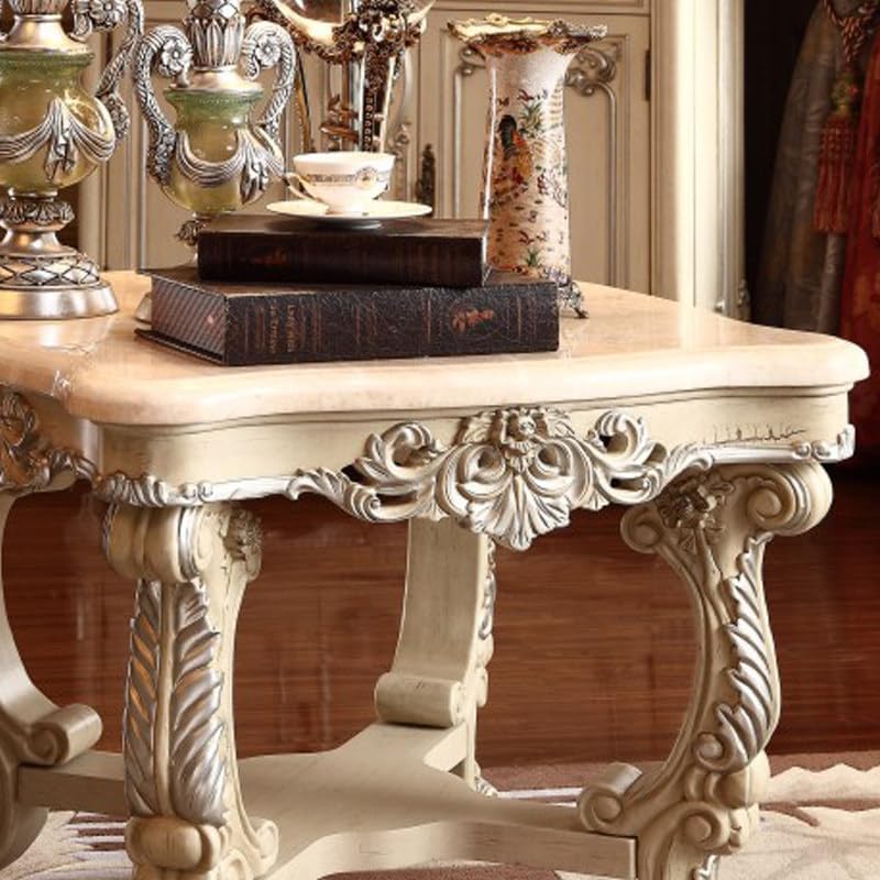 Luxury Carved Solid Wood End Table with Marble Top, European Style Antique Side Table, Ornate Sofa Corner Table for Living Room Bedroom