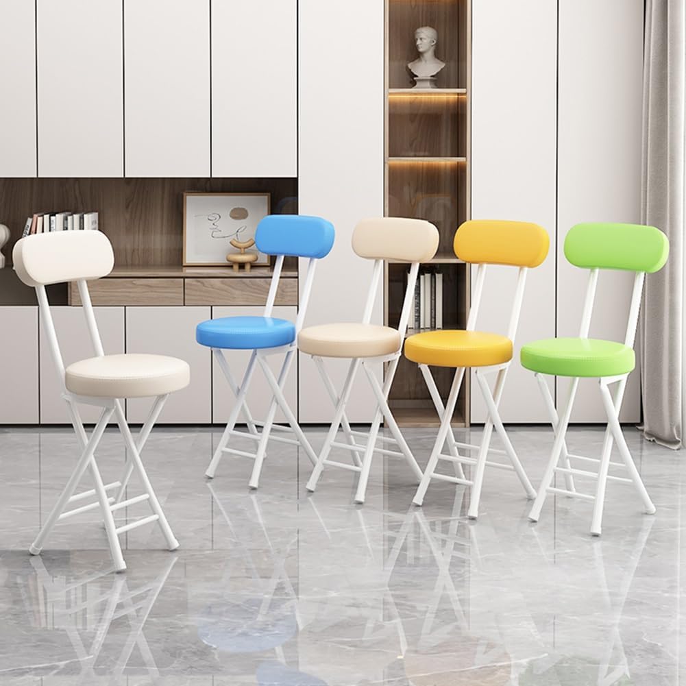 Folding Stool with Backrest, Cushioned Padded Leather Round Portable Foldable Bar Stool Chair for Kitchen(White)