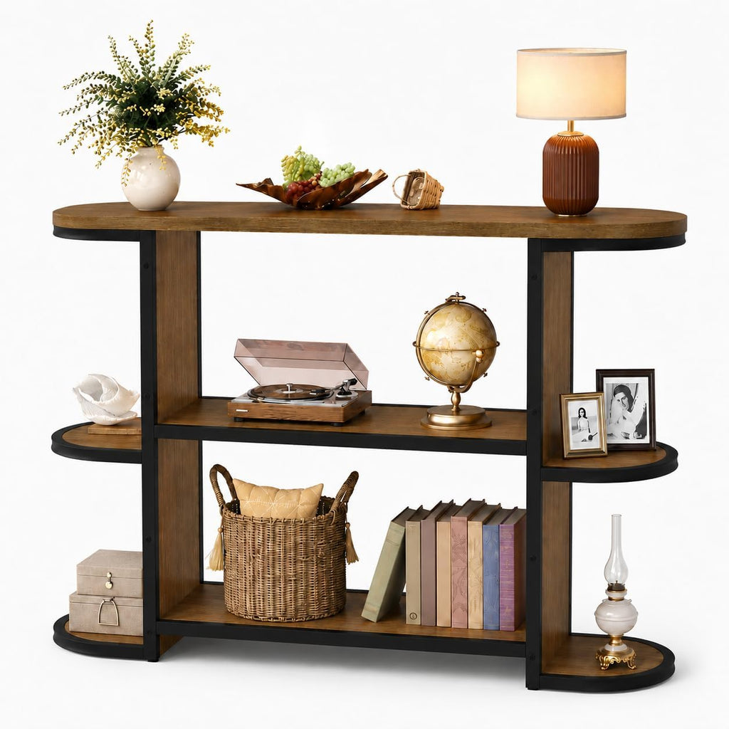 Gewudraw 39” Console Table with Storage, 3 Tier Entryway Table with Round Corners, Industrial Narrow Sofa Table Behind Couch for Living Room, Hallway, Entryway, Rustic Brown