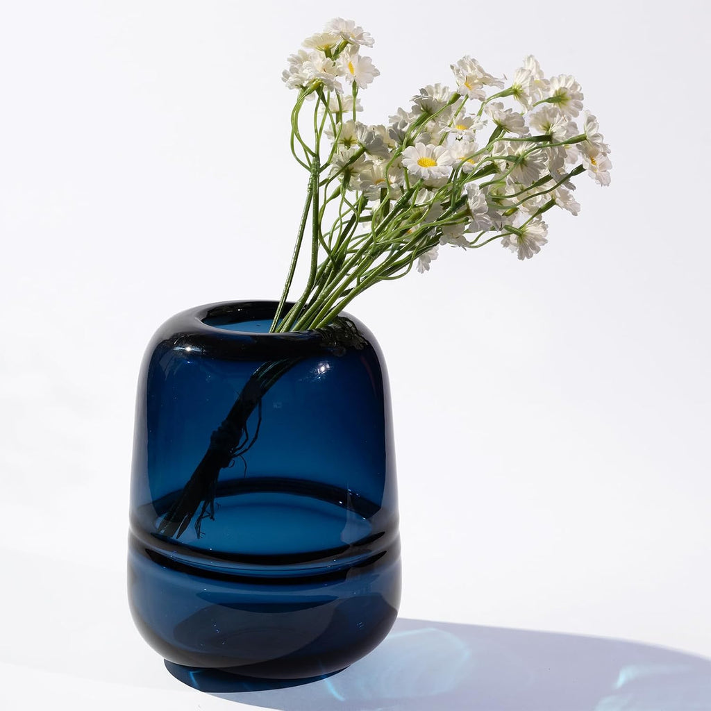 Relexome Blue Glass Flower Vase for Centerpieces Flowers 6.7 Inch Round Modern Glass Bud Vase Decorative Vases for Home Decor, Living Room, Dining Table, Entryway, Shelf, Office