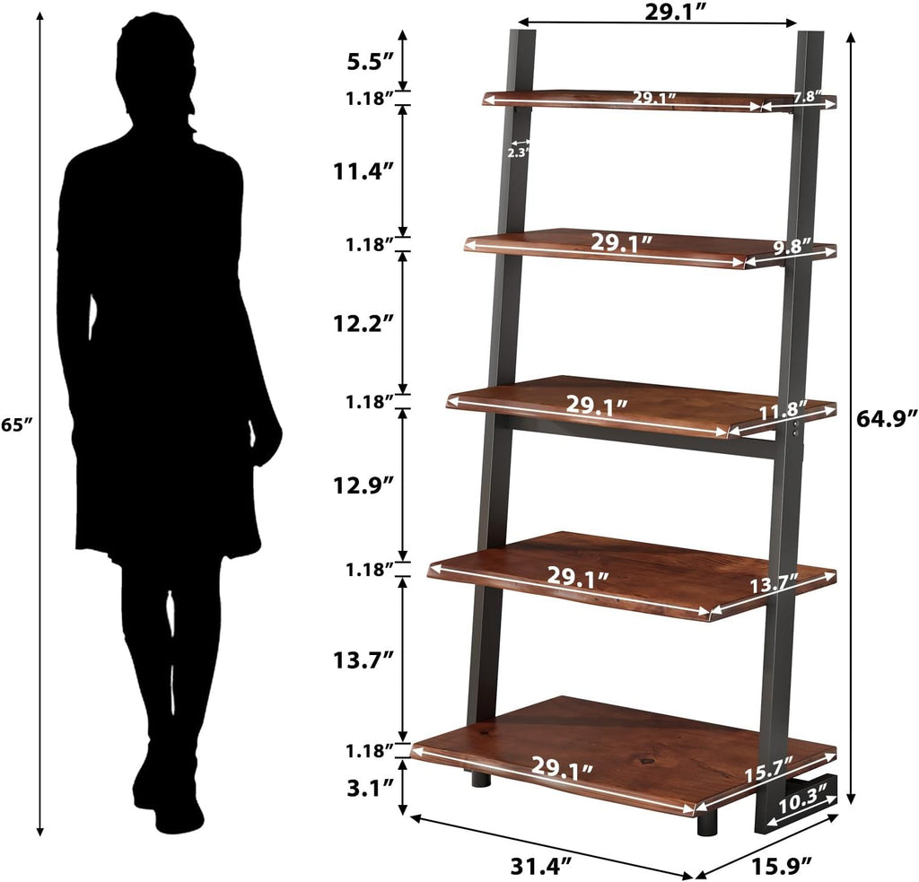 IBF 5-Tier Solid Wood Ladder Bookshelf with Natural Live Edge, Rustic Walnut Storage & Display Leaning Bookcase, Modern Space-Saving Shelf for Living Room, Bedroom, Home Office