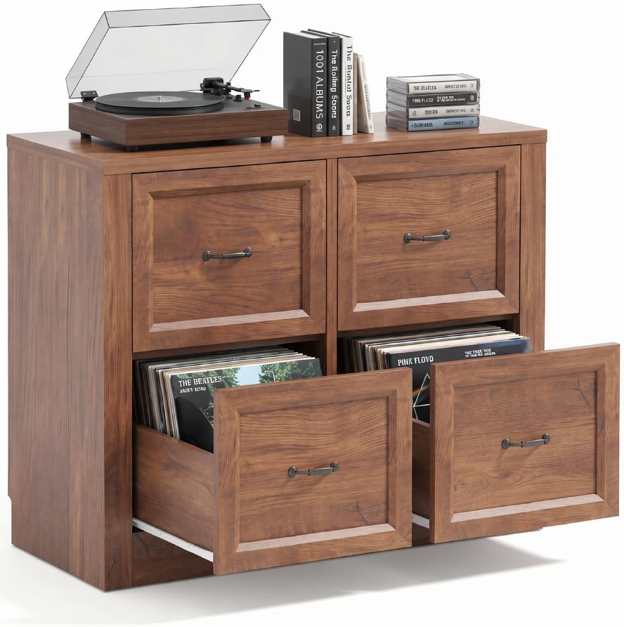 Vinyl Record Storage Cabinet with 4 Drawers, Holds Up to 300 LPs, 39” Large Record Player Stand & Turntable Table, Modular Media Console, Wood Album Organizer for Living Room, Cracked Oak