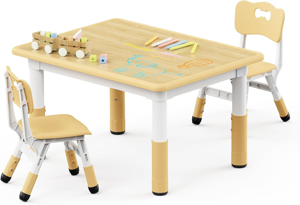 Brelley Kids Table and 2 Chairs Set, Height Adjustable Toddler Desk 31.5" L x 23.6" W and Chair Set, Graffiti Desktop, Classroom/Daycare/Home, Children Multi-Activity Table for Ages 3-8
