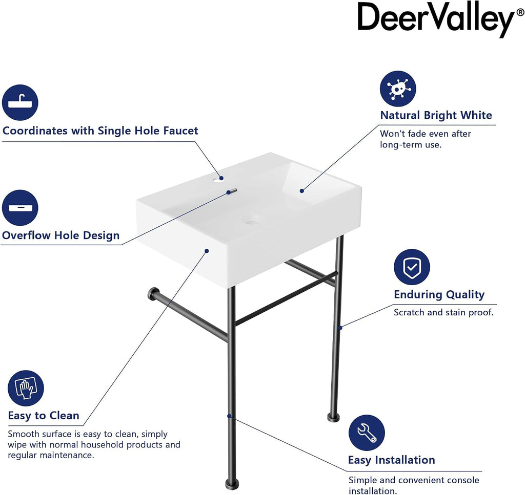 DeerValley 24"x17" Console Bathroom Sink, Free Standing 30 Inch Stainless Steel Support Pedestal Legs, Wall-Mounted White Ceramic Basin, Modern Rectangular Sink Porcelain, Matte Black