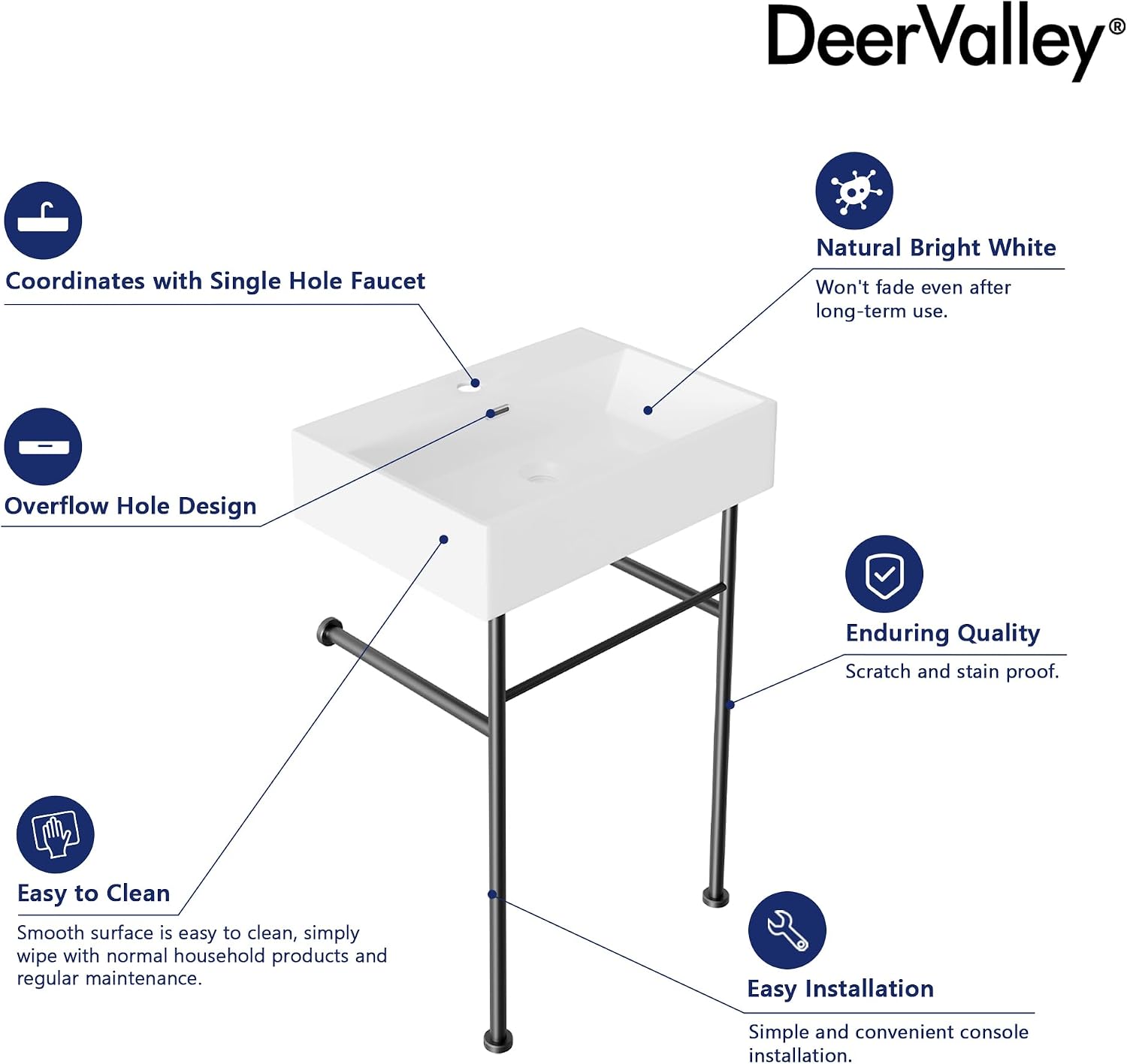 DeerValley 24"x17" Console Bathroom Sink, Free Standing 30 Inch Stainless Steel Support Pedestal Legs, Wall-Mounted White Ceramic Basin, Modern Rectangular Sink Porcelain, Matte Black