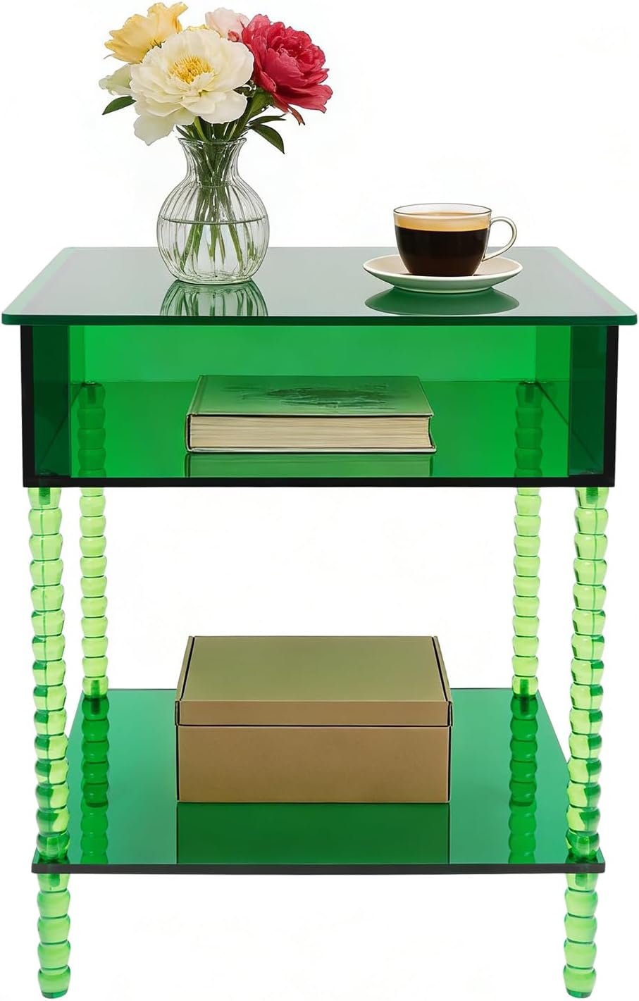 Acrylic Side Table, 3-Tier End Table with Storage, 15.7" L x 11.8" W 19.7" H, Small Modern Bedside Tables Nightstand, Home Decor Accent Table for Living Room Bedroom Office (Grass-Green, Rectangular)