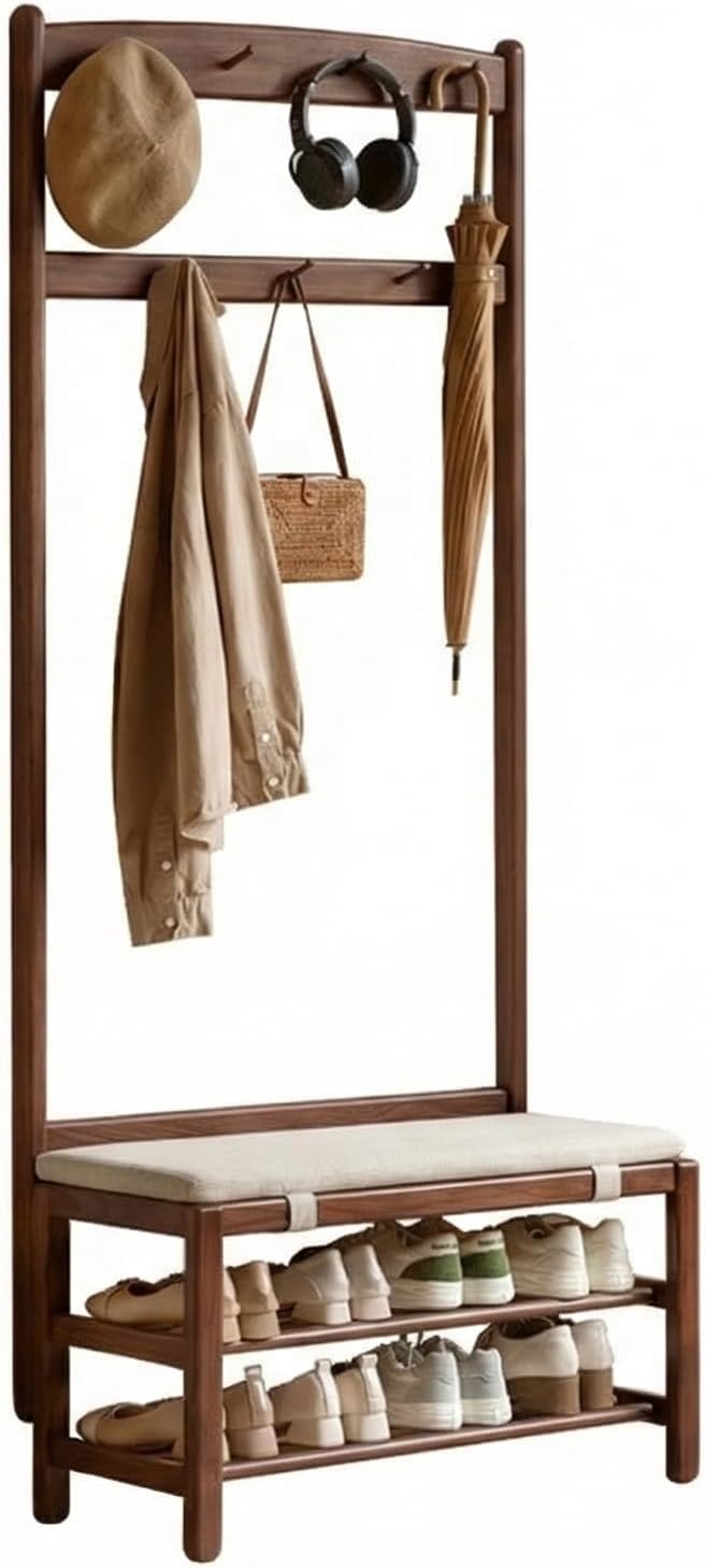 Oak Coat Rack, Solid Wood Hall Tree with Shoe Bench, 2-Tier Shoe Rack with 7 Hooks for Entryway, Hallway, 13.8" x 31.5" x 72.8", Walnut