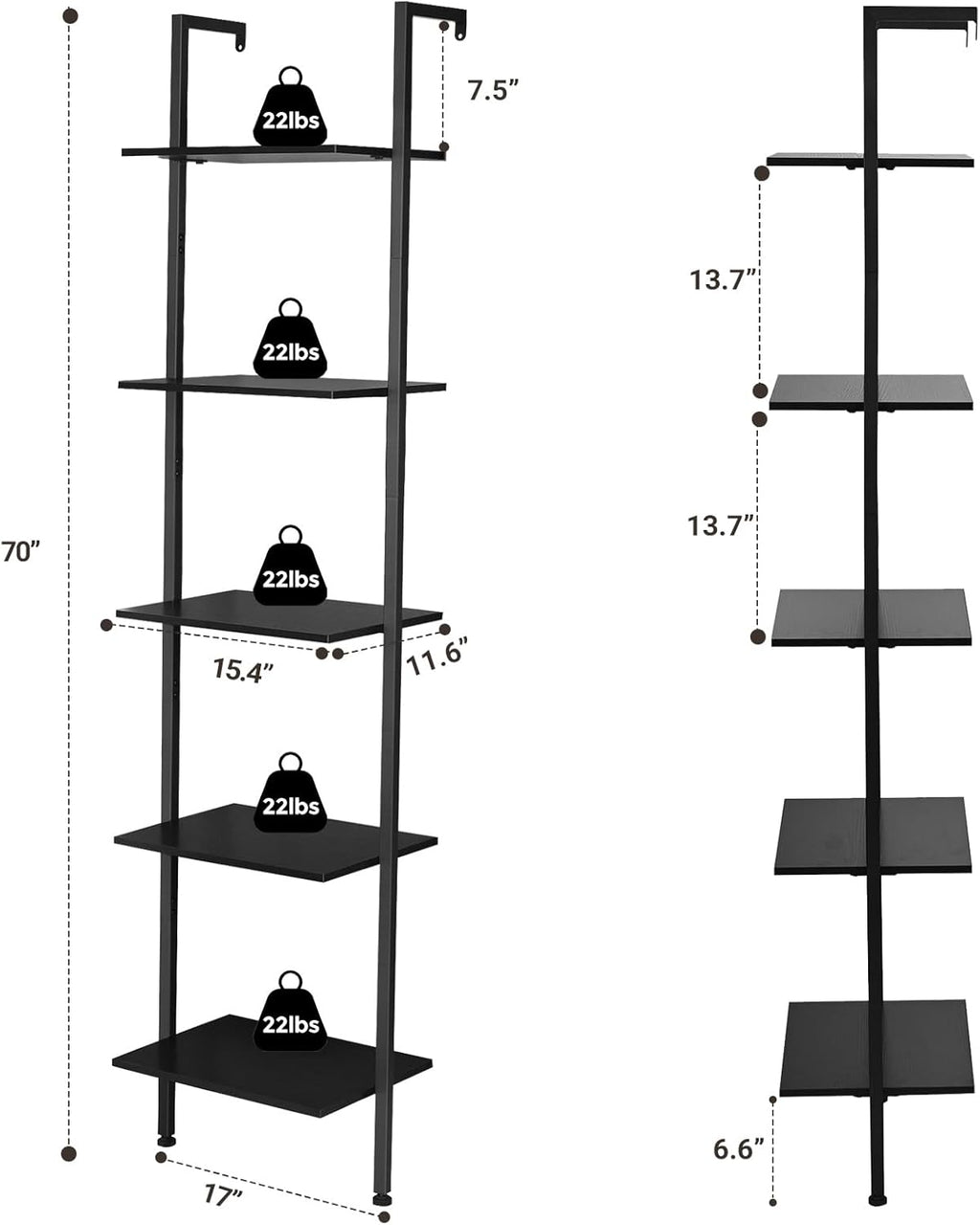 ELYKEN Ladder Shelf, 5-Tier Wood Wall Mounted Bookshelf with Metal Frame, Vintage Open Display Organizer Rack, Leaning Storage Shelves for Living Room, Bedroom, Home Office, Black