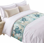 Bed Runner for King Size Bed, Coastal Sea Turtle Decorative Bed Runners Scarves for Bedroom, Teal Nautical Beach Starfish Vintage Washable Bedding Scarf Cover Bed Runner for Foot of Bed