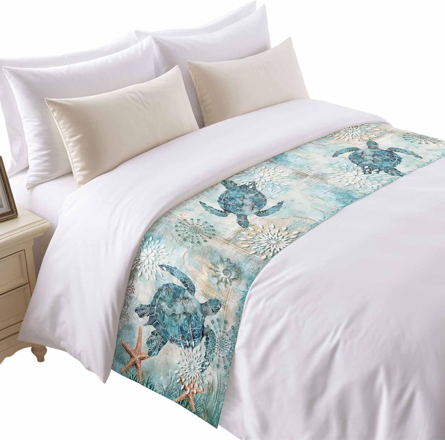 Bed Runner for King Size Bed, Coastal Sea Turtle Decorative Bed Runners Scarves for Bedroom, Teal Nautical Beach Starfish Vintage Washable Bedding Scarf Cover Bed Runner for Foot of Bed