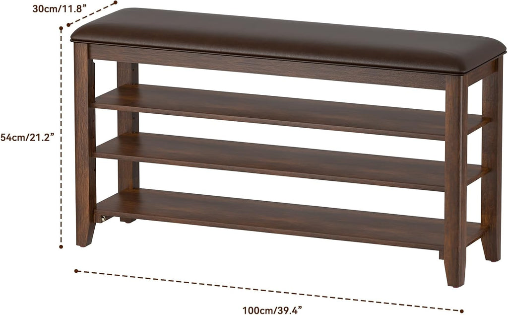 Shoe Rack Bench Entryway Storage with Leather Cushion, Shoe Organizer Bench for Entryway, Ideal for Front Doors Entrances Hallway Mudroom Featuring Rubberwood And 3 Height-Adjustable Removable Shelve