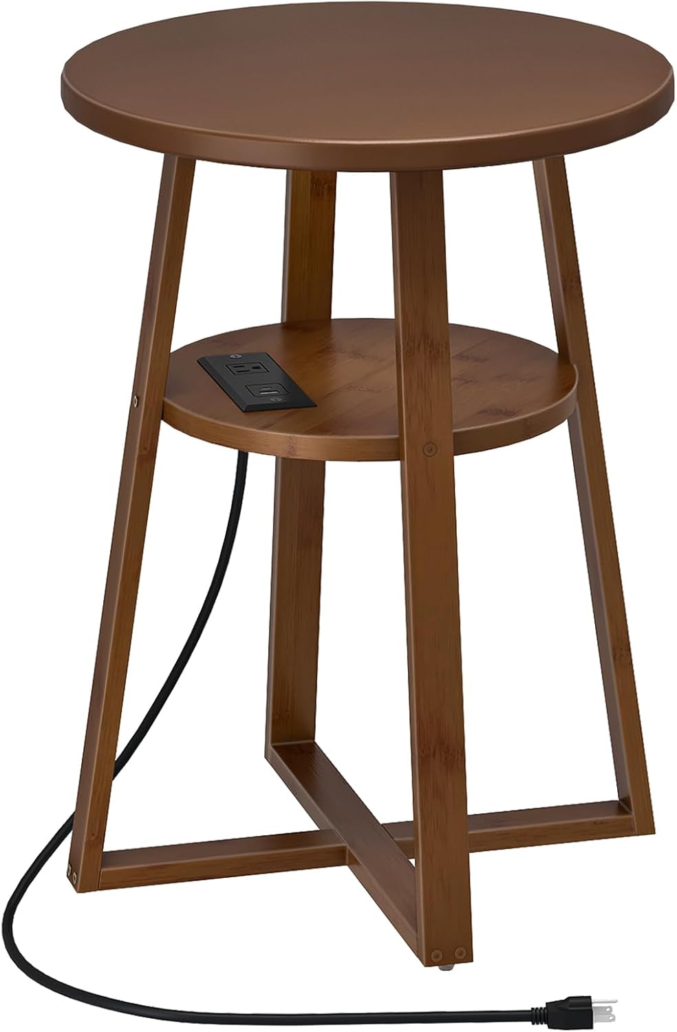 HOOBRO Round Side Table with Charging Station, Round Accent End Table with Bamboo Legs for Living Room, Bedroom, Brown, BR101UBZ01