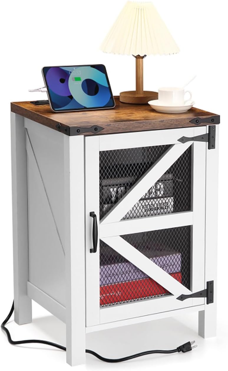 18" Farmhouse Nightstand with Charging Station, Wood Side Table, End Table with Adjustable Shelf, Rustic Bedside Cabinet with Mesh Barn Door for Bedroom, Living Room