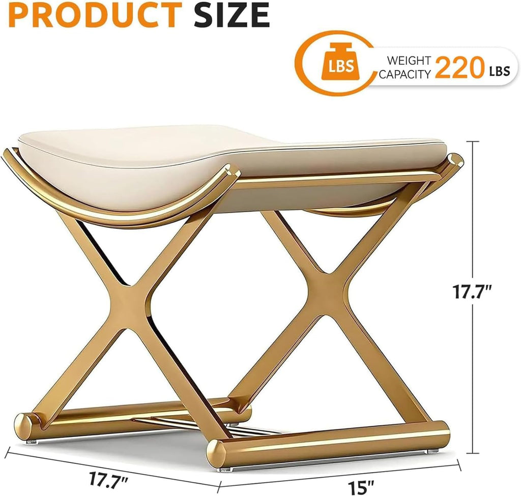 Modern Bathroom Vanity Stool Makeup Chair - Backless Leather Vanity Bench Seat with Metal X Legs, Small Ottoman Footstool for, Bedroom, Living Room, Dressing Room, Gold